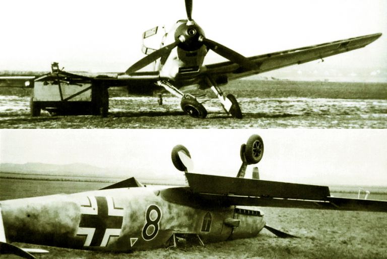 Два типичных исхода грубой посадки на «Мессершмитте»: истребитель оказывался на «животе» или на «спине»