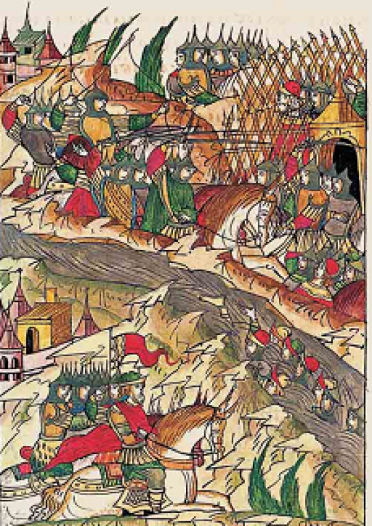 В 1398 г. в время погони новгородцев за мятежным Анфалом в районе Устюга, Анфал «острог учинил». Как и в случае со стрельцами, это пример того, как в середине 16 в. представляли «острог», быстро сооружаемый «в поле». Тоже легкая рогатка, причем видны не заостренные колья, а палки с наконечниками.