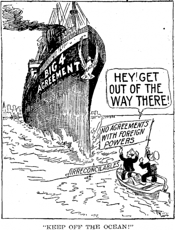 Американская карикатура в честь "Договора четырёх держав", которая также осуждала местных изоляционистов.