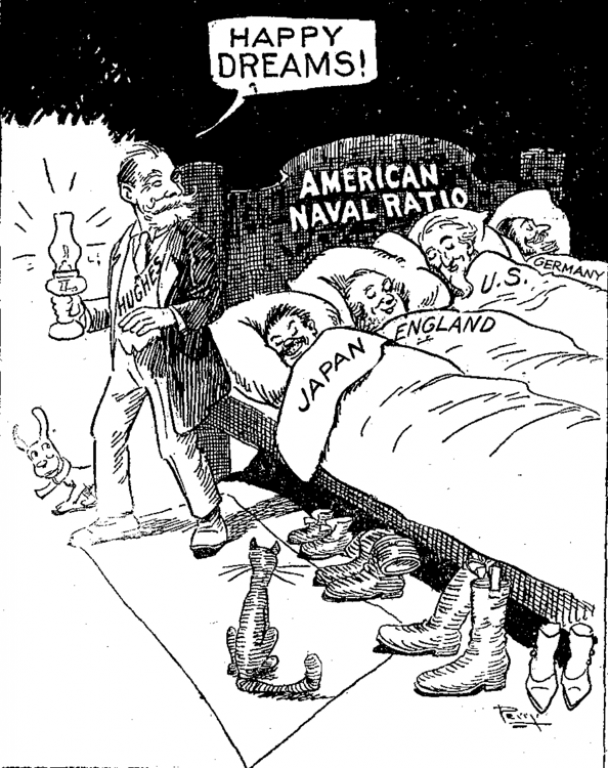 "Кто сказал, что японцы и немцы не захотят спать в такой постели?". Американская карикатура о предложении госсекретаря США Чарльза Хьюза по сокращению морских вооружений.