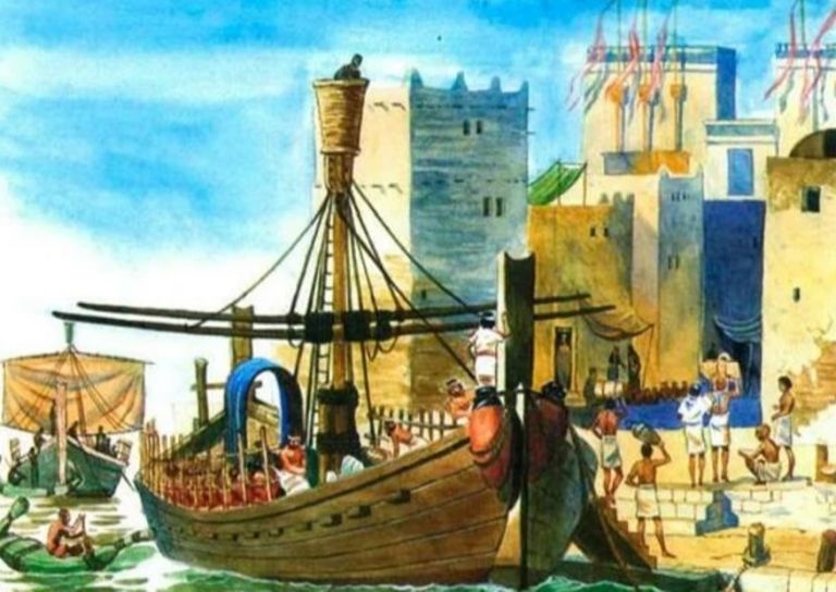 Торговый корабль в гавани Карфагена. Современная иллюстрация.