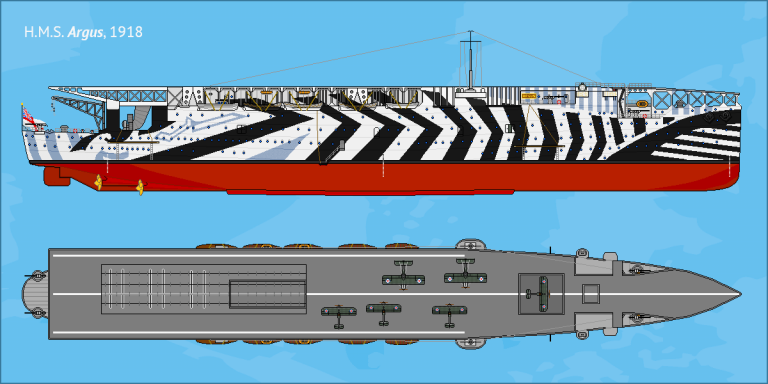 «Аргус» — первый авианосец классической схемы. Обратите внимание на продольные аэрофинишёры. Удержать лёгкий самолёт от сноса за борт банальным порывом ветра было тогда гораздо важней, чем его затормозить