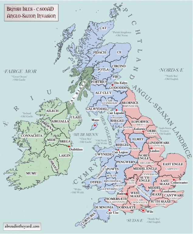 Карта Британии в 6 веке. В период англо-саксонского завоевания
