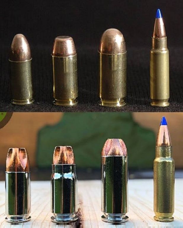 Пистолетные патроны, вверху: 9x19 мм Para, .40 S&W, .45 ACP, 5.7x28 мм, внизу: 9x19 мм Para, .357 SIG, 10 мм Auto, 5.7x28 мм