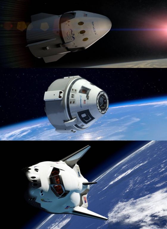 Перспективные американские пилотируемые космические аппараты SpaceX Dragon V2, Boeing CST-100 и Sierra Nevada Dream Chaser (последний выбыл из конкурса NASA, но вполне может быть реализован в инициативном порядке)