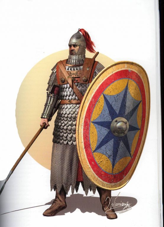 Скутат (щитоносец), первый ряд подразделения тяжелой пехоты. 950—1000 гг.