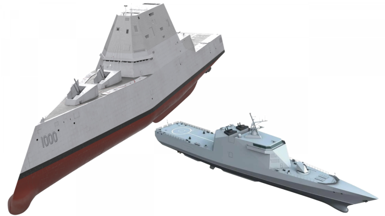 Корвет проекта 20386 и эсминец ВМС США «Зумвольт»(вариант 20386 с обратным наклоном форштевня существовал).