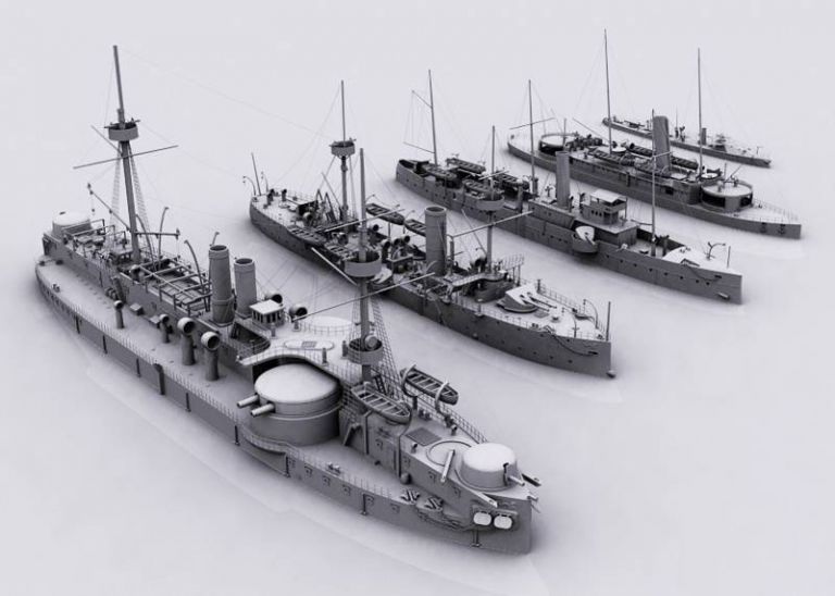 Основные корабли Бэйянского флота: слева направо – броненосец «Динъюань», броненосный крейсер «Цзиюань», минный крейсер «Гуанъи», броненосный крейсер «Пинъюань», один из многочисленных миноносцев германской постройки.