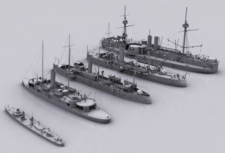 Корабли в обратном порядке. Хорошо видны все конструктивные особенности и вооружение названных кораблей.