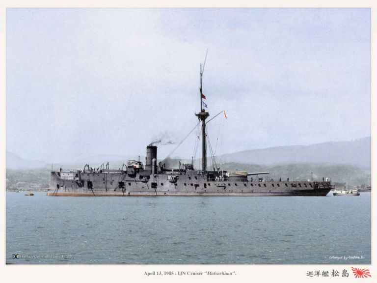 Японский крейсер «Мацусима». Раскрашенное фото 1905 года.