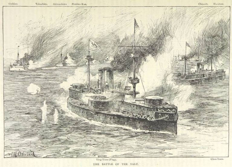 «Дзиньюань» ведет огонь по японским кораблям. Рисунок на стр. 99 из английского иллюстрированного издания 1895 года «Морские сражения девятнадцатого века в иллюстрациях». Том 2. (Британская библиотека, Лондон)