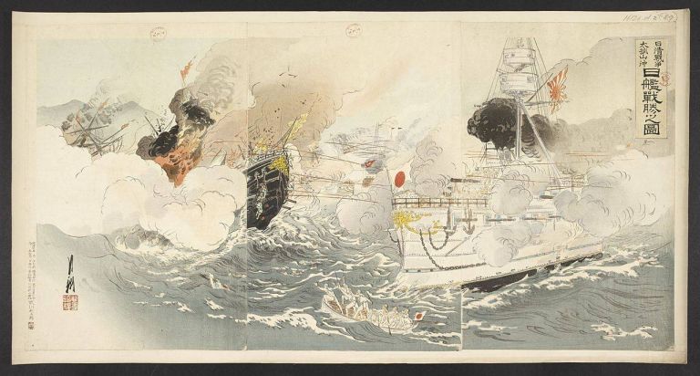 Японский крейсер обстреливает китайский корабль. Художник Кобаяси Киётика. (Британская библиотека, Лондон)