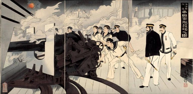 Орудийный расчет на борту японского корабля. Художник Кобаяси Киётика. Эпизод битвы при Ялу. (Британская библиотека, Лондон)