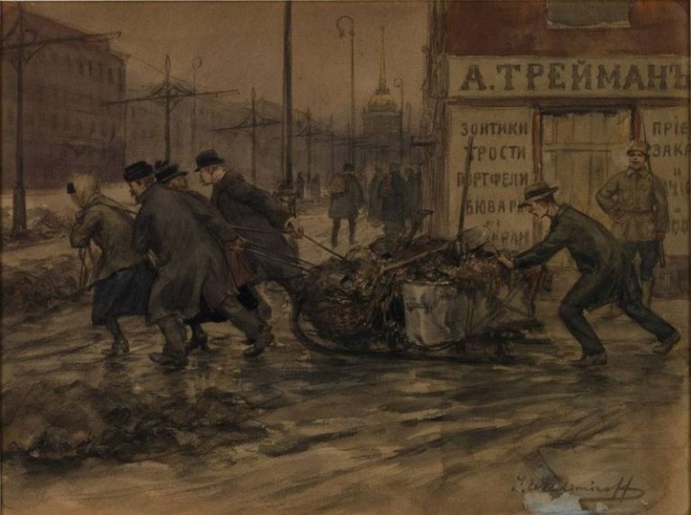 Купцы и дворяне на работах по вывозу мусора со дворов. 1920