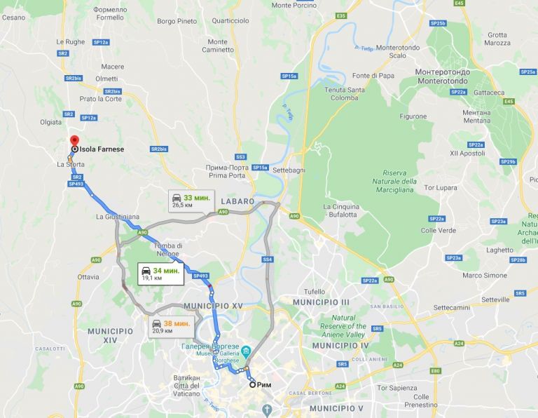 На данной карте хорошо видно расстояние от центра Рима до места где находился Вейи, 19,1 км и менее 10 км от кольцевой дороги