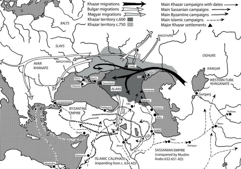 История Хазарского каганата (черным): пути миграции и соседи, экспансия хазар, ислама