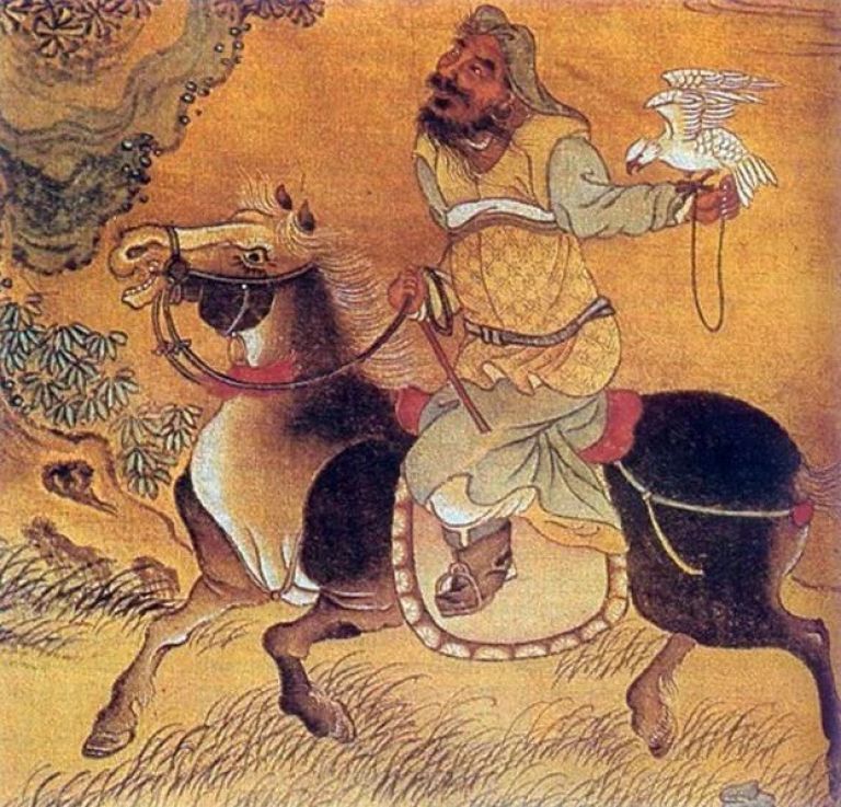 А вот работа китайского художника "Чингисхан на охоте". Здесь у него уже чёрная борода. Интересно, не правда ли?