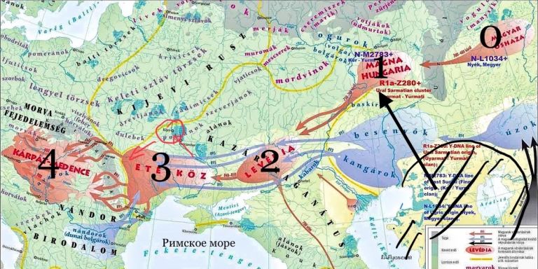 карта миграции мадьяр: 0 - вероятная колыбель огурских народов 1 - общий дом угорских народов (черным приход булгар Тюркского каганата) 2 - вассалитет хазар и разгром печенегами 3- убежище в низовьях Днепра 4- новая родина мадьяр и части башкир