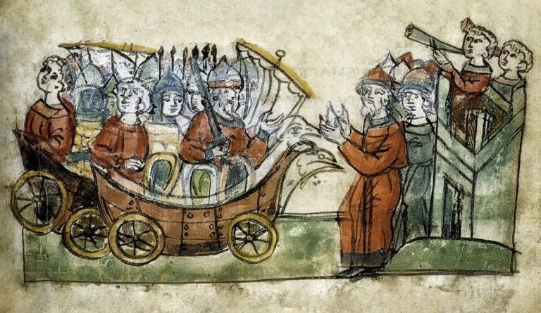 Драккары Одду на колесах у Константинополя (Радзивилловская летопись)