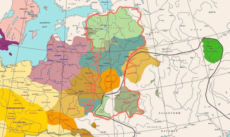 древние народы и примерные границы молодой Руси Олега (красным)