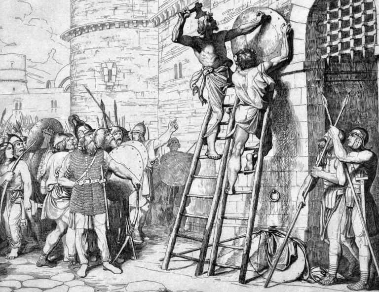 Одду прибивает щит на ворота Константинополя (гравюра Ф. А. Бруни, 1839 год)