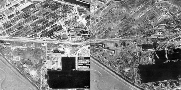 Склады боеприпасов кригсмарине в Вильгельмсхафене до и после бомбардировки