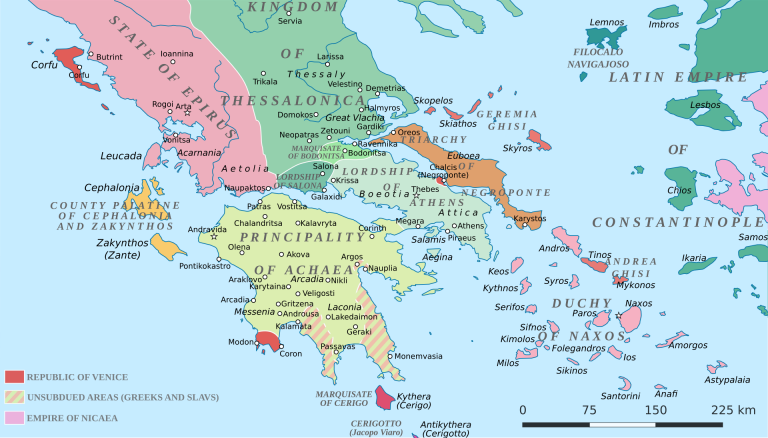 На карте средневековой Греции остров Негропонте обозначен оранжевым цветом