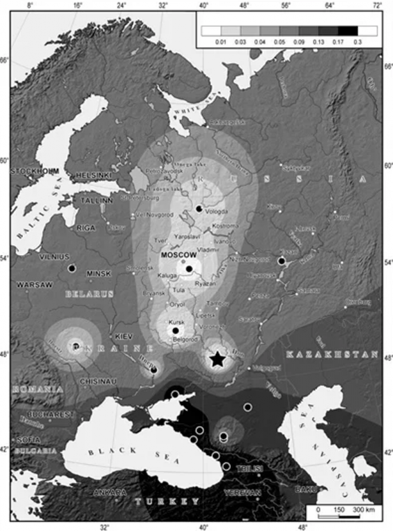Карта генетических расстояний от донских казаков. Чем темнее цвет, тем больше генетическое расстояние от казаков до данной популяции.
