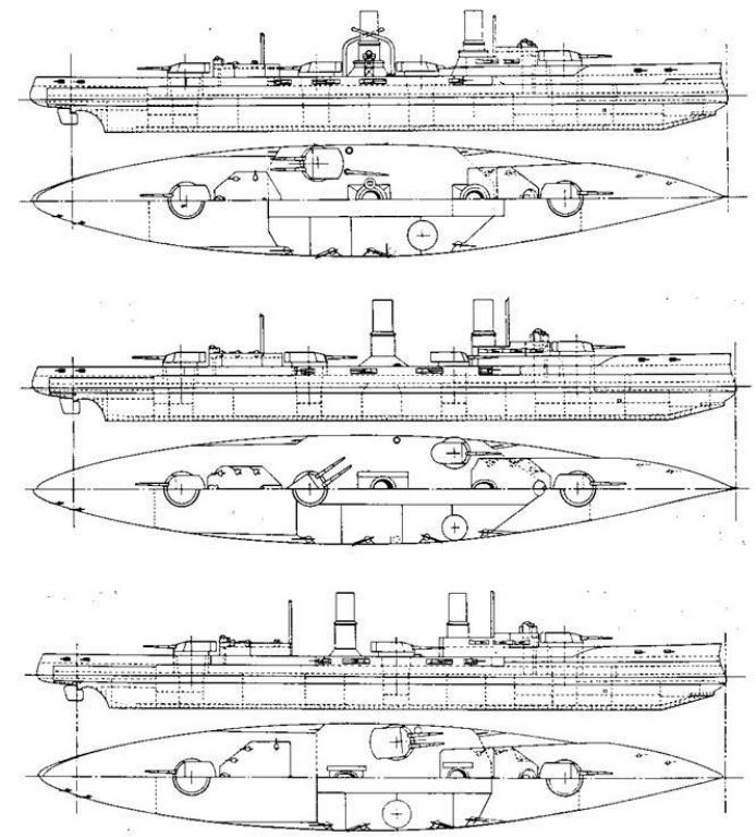 Варианты расположения артиллерии на крейсере "Блюхер", рассматривавшиеся в 1905-1906 гг