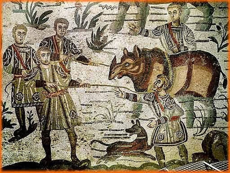 Римляне ловят носорога для цирковых представлений. Мозаика из виллы Казале, Пьяцца Армерина, Сицилия, около 300 года н.э.pinterest.com