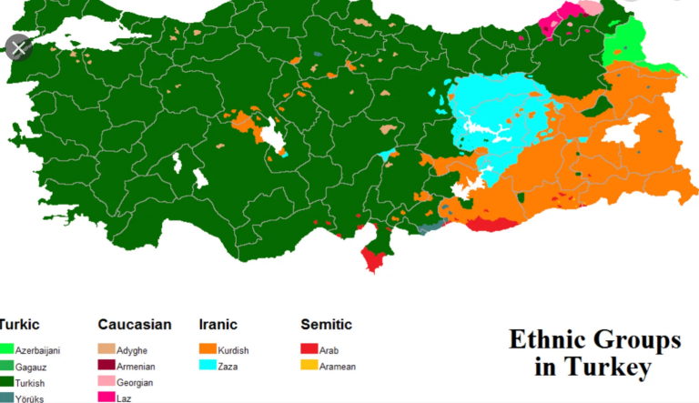 Этнический состав населения современной Турции. Оранжевым выделены курдские территории. Голубым - зазаки - близкий к курдам народ.
