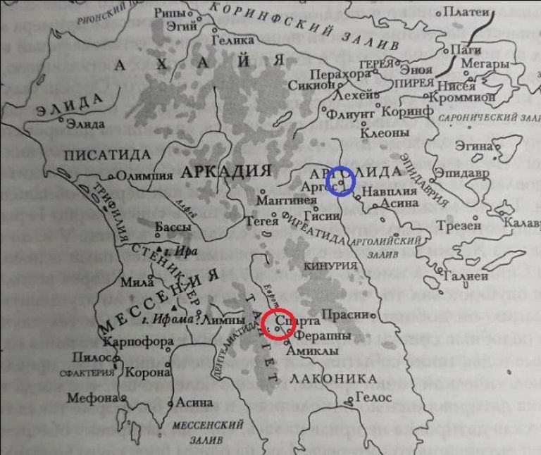 Аргос и Спарта на карте древнего Пелопоннеса.
