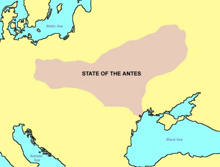 Карта, показывающая Антскую державу в VI веке (около 560 года), согласно работам чешского слависта Франтишека Дворника