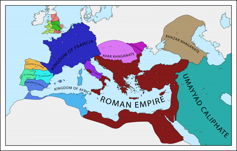 Политическая карта Европы и Ближнего Востока в середине 8 века