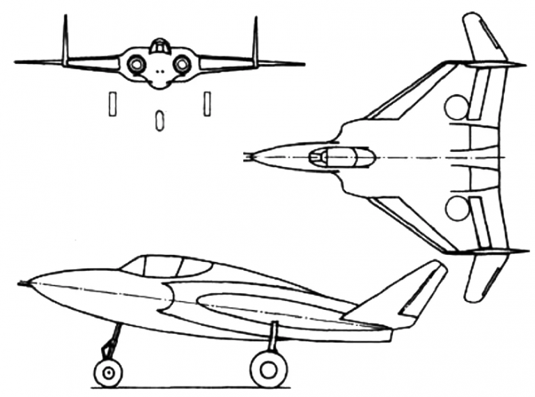 Первый вариант схемы истребителя "М". 1947 г.