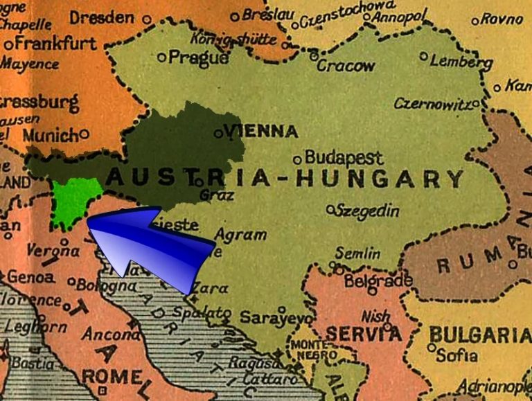 Зелёным - Австро-Венгрия в 1918 г., Тёмно-зелёным - современная Австрия. Ярко-зелёным - Южный Тироль (с 1919 г. - в составе Италии).