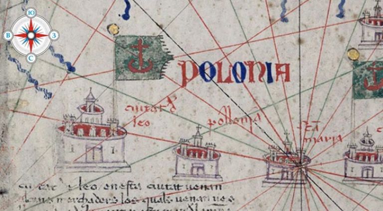 Герб "города Льва" в каталонском атласе (ок. 1375 г) Авраама Крескеса. В правой части виден фрагмент точно такого же зеленого флага Кракова.