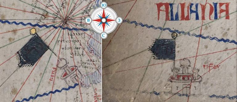 Тана и Тверь на карте Авраама Крескеса. 1375 г. Оба города под зелеными флагами с ордынской тамгой.