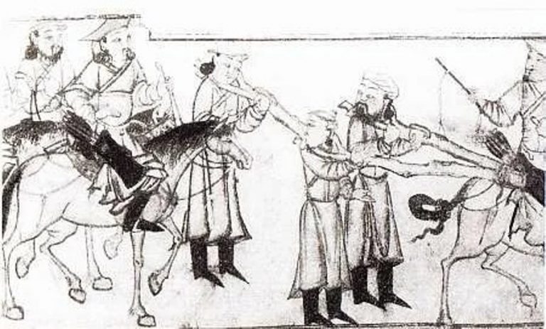 "Белые татары" с пленниками. Миниатюра из китайской рукописи.