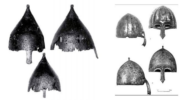 Слева — шлем середины XIII в. из коллекции Эрмитажа; справа — «Никольское», «Киев» : Шлемы тип IV по Кирпичникову.