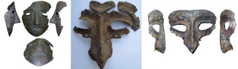 Слева: боевая личина из Серенска, первая треть XIII в. (ГИМ). Центр и справа: Боевая полумаска шлема IV типа по типологии А. Кирпичникова.