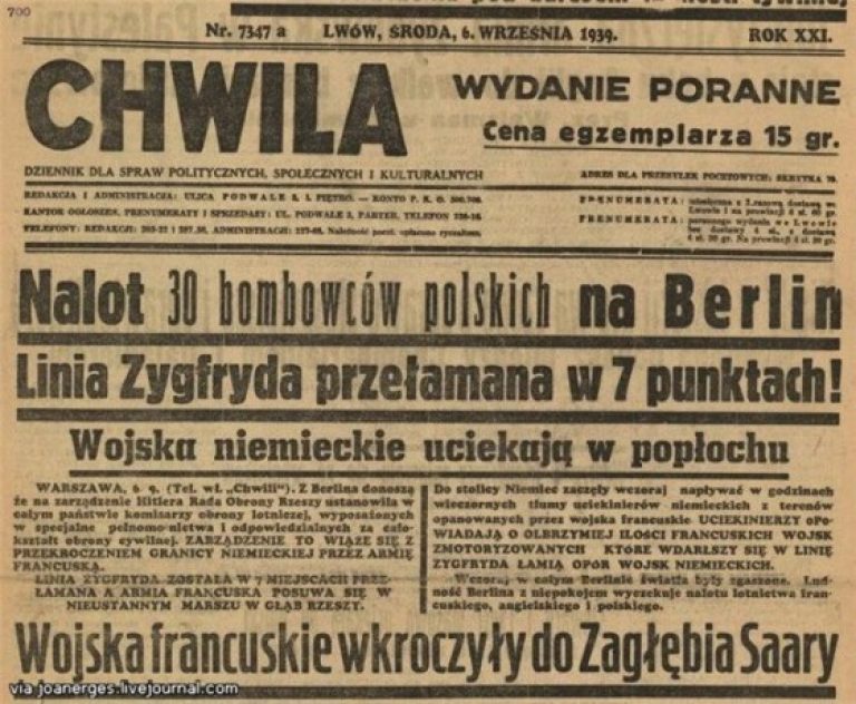 Львовская газета "Chwila" от 6 сентября 1939 года, сообщает читателям об успехе польской авиации, совершившей налет на Берлин.  