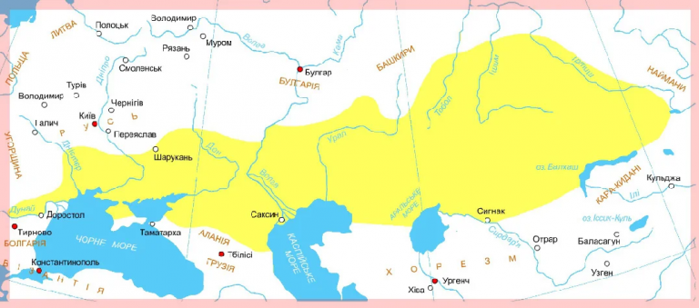 Дешт-и-Кипчак. Страна половцев на карте (желтым)
