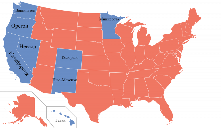 Карта мятежных штатов. Обозначены голубым цветом