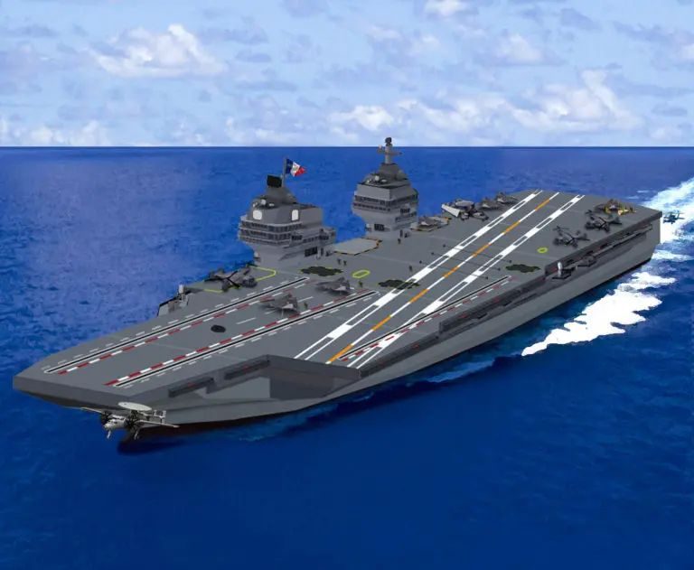 Artist impression of a future aircraft carrier featuring three EMALS, two islands and phased array radar. ©