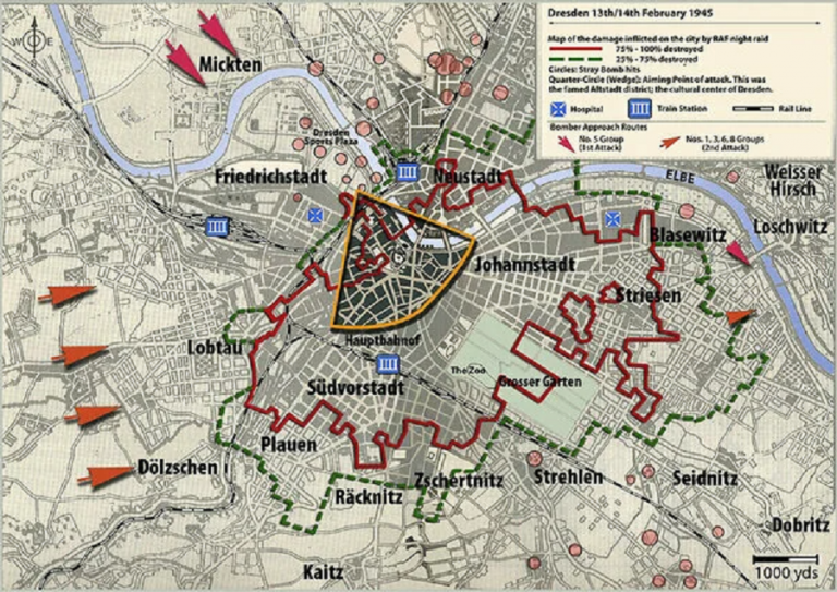 Бомбардировки Дрездена 13-15 февраля 1945 года ВВС Великобритании и США. Внутри зоны, обозначенной красной линией, было разрушено не менее 3/4 строений. Внутри зоны, обозначенной зелёным пунктиром, разрушено не менее 1/4 строений. Чёрно-белая линия - железная дорога, синие значки (напоминающие решётку) - ж/д станции. Видно, что основная железнодорожная развязка пострадала минимально. Это был, собственно, единственный объект в городе, который мог рассматриваться как стратегический объект.Судя по всему, Дрезден стал объектом атаки именно благодаря своей "бесполезности": немцы прикрывали его не слишком большими силами, и потому для авиации союзников он идеально подходил для того, чтобы быстро и безопасно выполнить план по бомбардировкам за отчётный период, чего требовало политическое руководство.