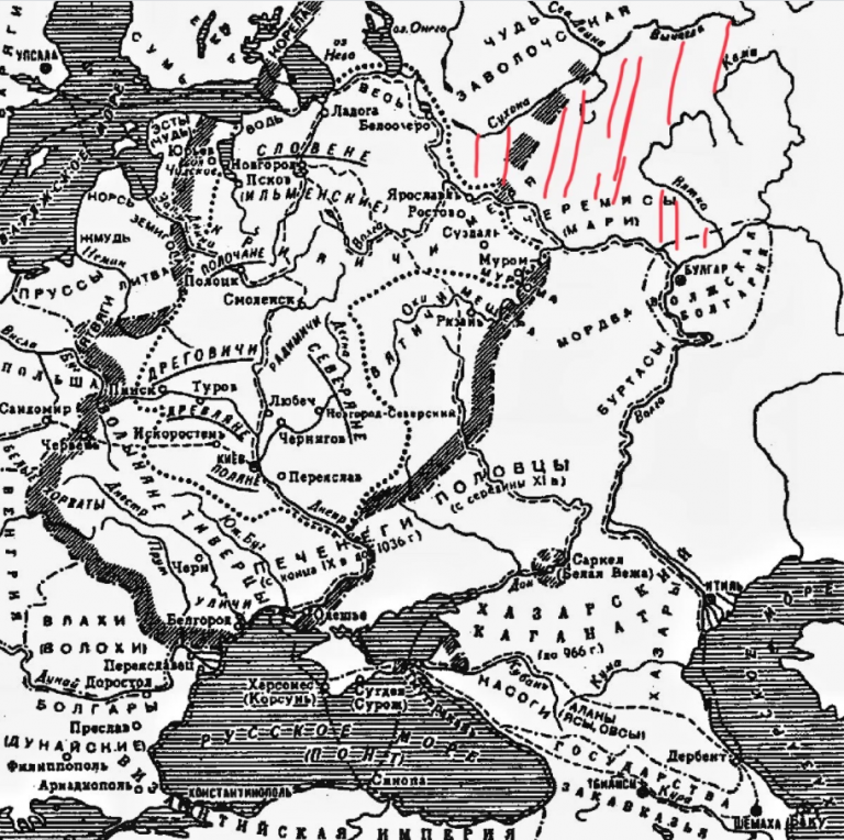 карта Евразии IX-XI век. Новый дом иранских племен мари красным