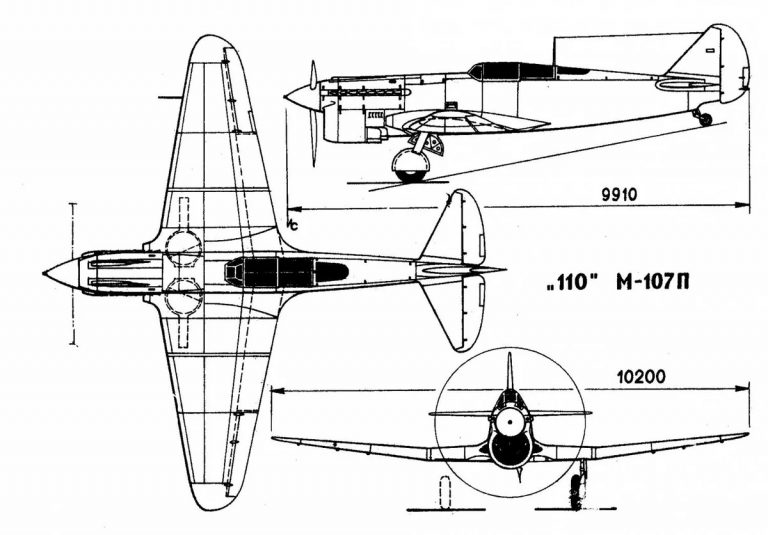 Схема истребителя И-110 с двигателем М-107П.