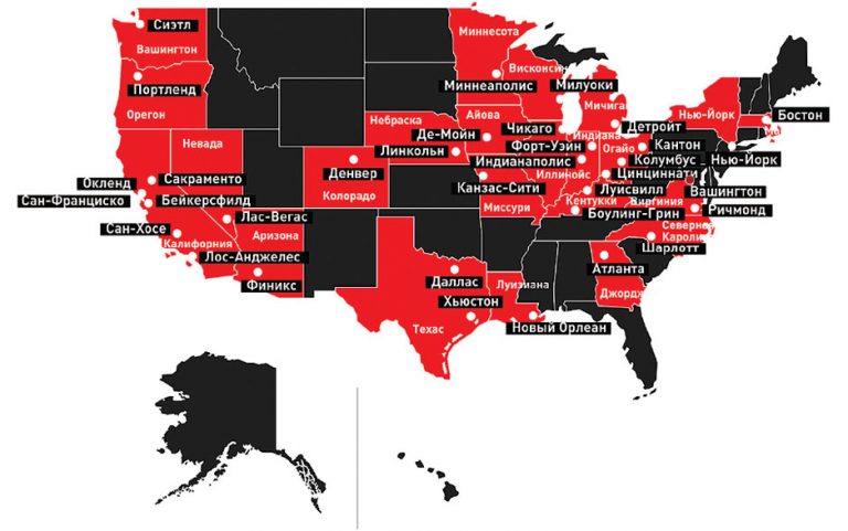 Карта активных выступлений против Дональда Трампа (отмечены красным, лето 2020 года)