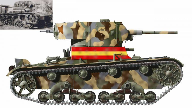 А вот тем же националистам приходилось трофейные танки ярко раскрашивать, чтобы они не стали жертвами «дружеского огня»: танк Т-26 в раскраске националистов